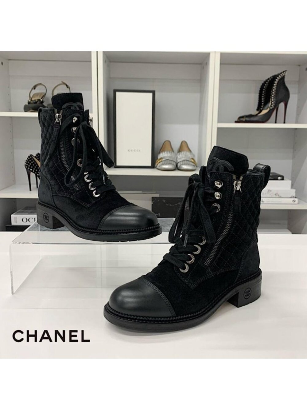 Chanel CC Logo Suede Leather Quilted Short Boots